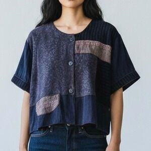 Spencer Alexis Vintage Patchwork Button Up Top Boho Mixed Media Art to Wear sz 8